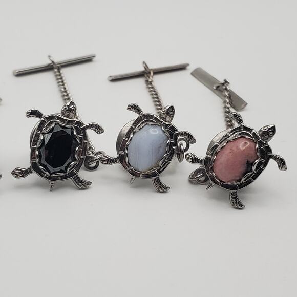 (6) Silver Tone Stone Cabochon Turtle Tortoise Shaped Tie Tack Chain 1-1/2" Vtg - Picture 3 of 7